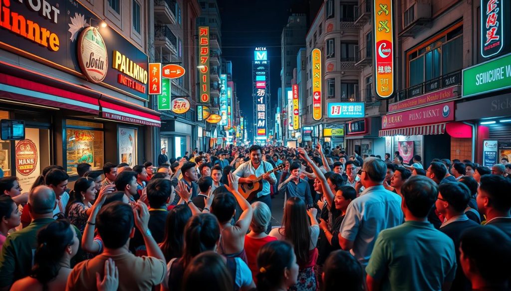 A lively street scene in a vibrant city, with a diverse crowd of people gathered around a musician playing a guitar on a stage. The musician is the focal point, surrounded by an audience swaying and clapping to the rhythm of the song. In the background, storefronts and buildings create a bustling urban landscape, with neon signs and street lights casting a warm glow over the scene. The mood is upbeat and celebratory, capturing the widespread appeal and cultural significance of the music being performed. The camera angle is slightly elevated, providing a panoramic view of the energetic, musical atmosphere.