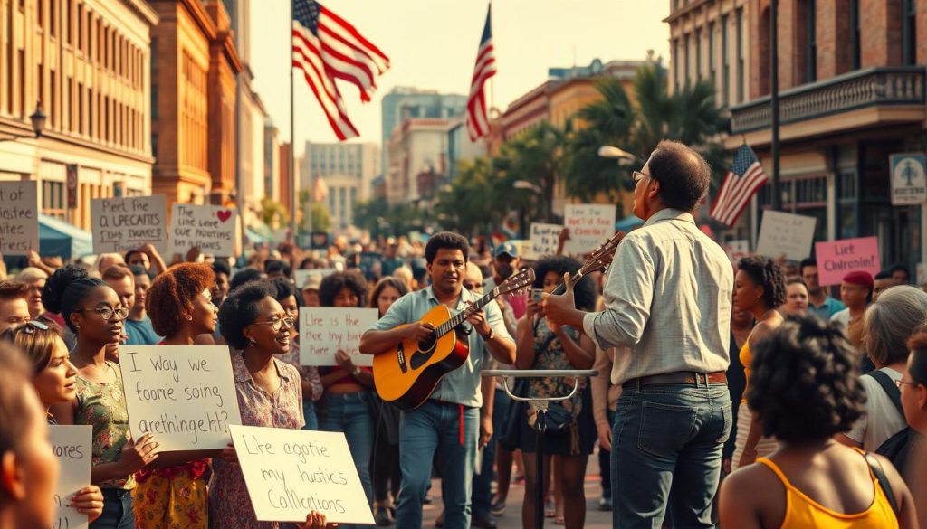 A vibrant street scene in the 1960s American South, with a diverse crowd gathered for a civil rights march. In the foreground, a group of protesters, their faces alight with determination, hold handwritten signs calling for equality and justice. A guitar-wielding folk singer stands on a makeshift stage, their voice rising in a rousing, anthemic chorus - the soundtrack to the struggle. In the middle ground, passersby pause to listen, some joining the chorus. The background is a panorama of period-appropriate architecture, with the American flag waving proudly overhead, symbolizing the ideals the protesters fight for. Warm, golden lighting bathes the scene, evoking a sense of hope and unity in the face of adversity.