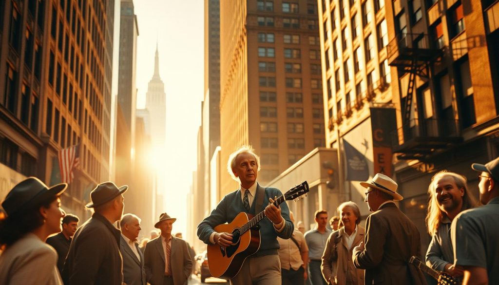 A bustling street in 1940s New York City, with Woody Guthrie and his musician collaborators in the foreground. Warm, diffused sunlight filters through the cityscape, casting a golden glow on the scene. Guthrie, guitar in hand, stands amidst a group of fellow artists, deep in animated discussion. In the middle ground, the iconic architecture of Manhattan looms, a backdrop to the creative energy. The atmosphere is one of camaraderie, as the group navigates the challenges and opportunities of their artistic pursuits in the vibrant, ever-changing metropolis. A bustling street in 1940s New York City, with Woody Guthrie and his musician collaborators in the foreground. Warm, diffused sunlight filters through the cityscape, casting a golden glow on the scene. Guthrie, guitar in hand, stands amidst a group of fellow artists, deep in animated discussion. In the middle ground, the iconic architecture of Manhattan looms, a backdrop to the creative energy. The atmosphere is one of camaraderie, as the group navigates the challenges and opportunities of their artistic pursuits in the vibrant, ever-changing metropolis.