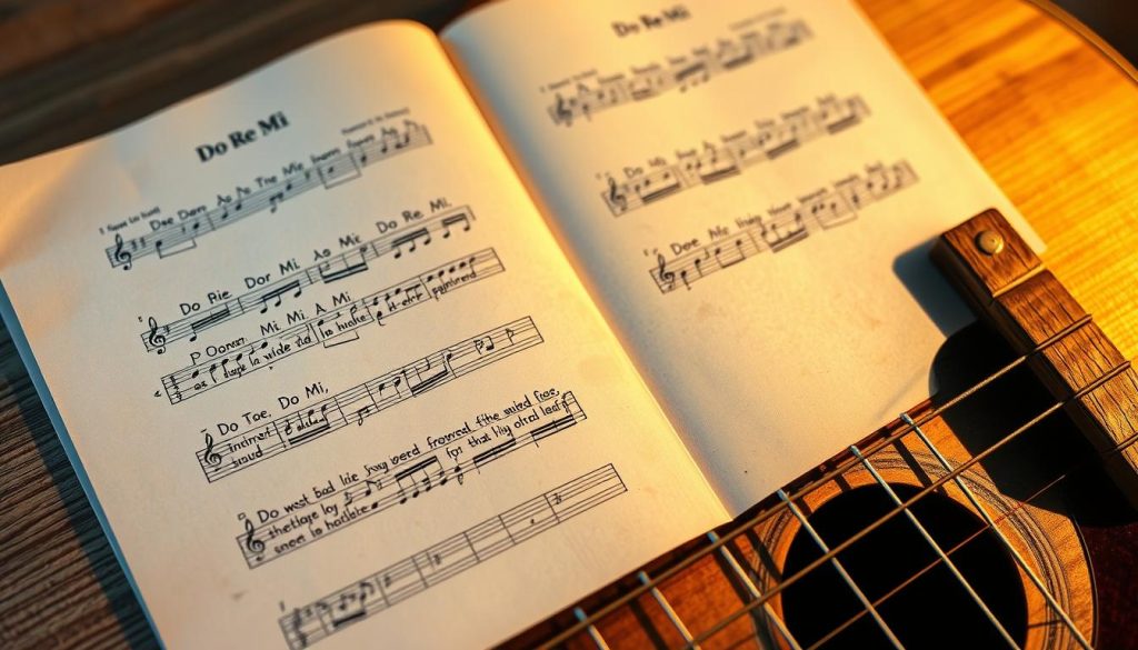 A vibrant sheet music of "Do Re Mi" by Woody Guthrie, with handwritten lyrics and rhythmic notation floating above a weathered acoustic guitar. The pages are illuminated by warm, soft lighting, casting gentle shadows across the instrument's worn wooden surface. The composition emphasizes the interplay between the lyrical flow and the rhythmic structure, capturing the essence of this classic folk song. The overall atmosphere evokes a sense of musical intimacy and the timeless charm of Guthrie's influential work.