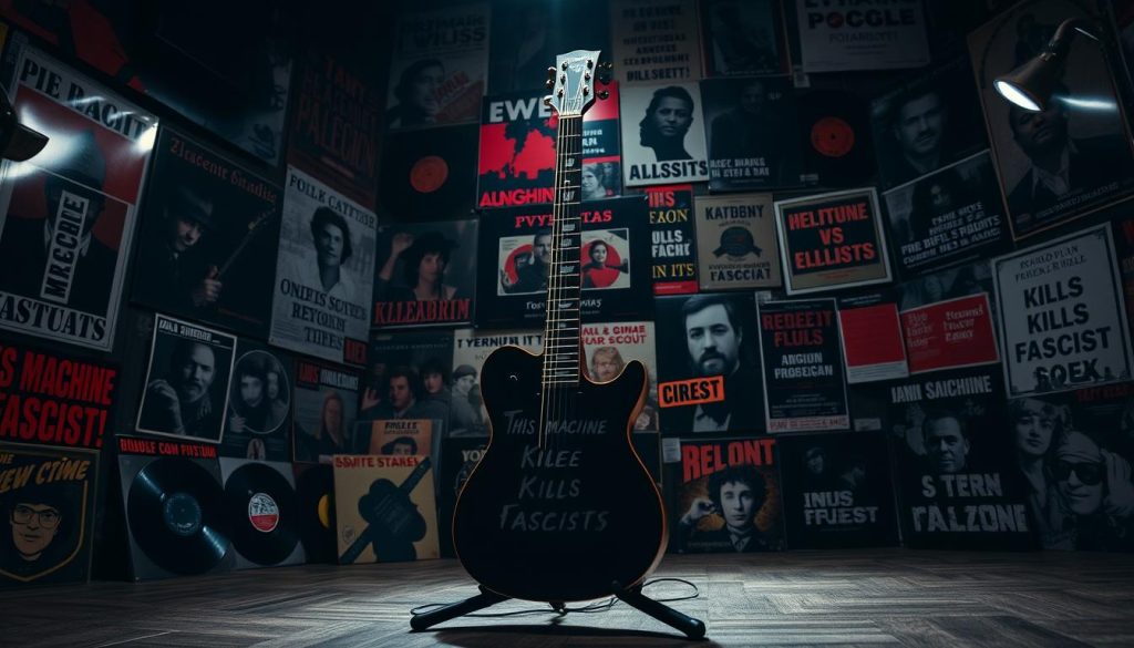 A dimly lit room, the walls adorned with political posters and album covers featuring defiant slogans. In the foreground, a guitar stands tall, its body emblazoned with the words "This Machine Kills Fascists". A sense of determination and rebellion permeates the scene, as if the music itself is a weapon against oppression. The lighting casts dramatic shadows, emphasizing the iconic guitar and the powerful message it conveys. The background is a collage of vinyl records, protest signs, and other symbols of the political resistance, creating a layered and visually striking composition. The overall mood is one of bold, unapologetic resistance, where music becomes a medium for social and political expression.