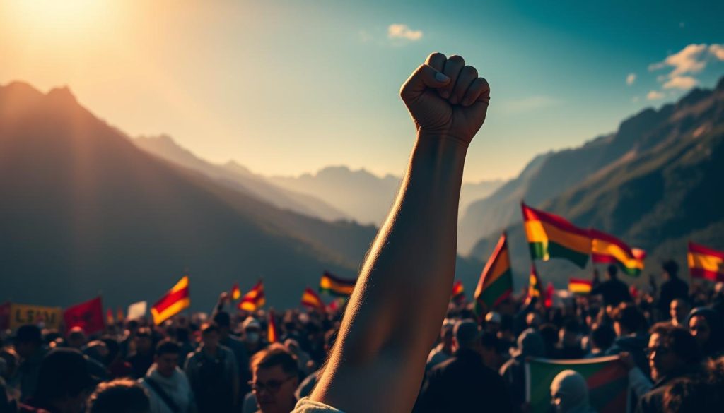 A powerful fist raised in defiance against the forces of fascism, set against a backdrop of sweeping, majestic mountains. The scene is bathed in a warm, golden light, casting a resolute glow upon the figure's determined expression. In the middle ground, a crowd of protesters march in solidarity, their banners and flags fluttering in the wind, a symbol of their unwavering commitment to the fight for freedom and equality. The overall atmosphere conveys a sense of strength, resilience, and an unyielding spirit in the face of oppression.