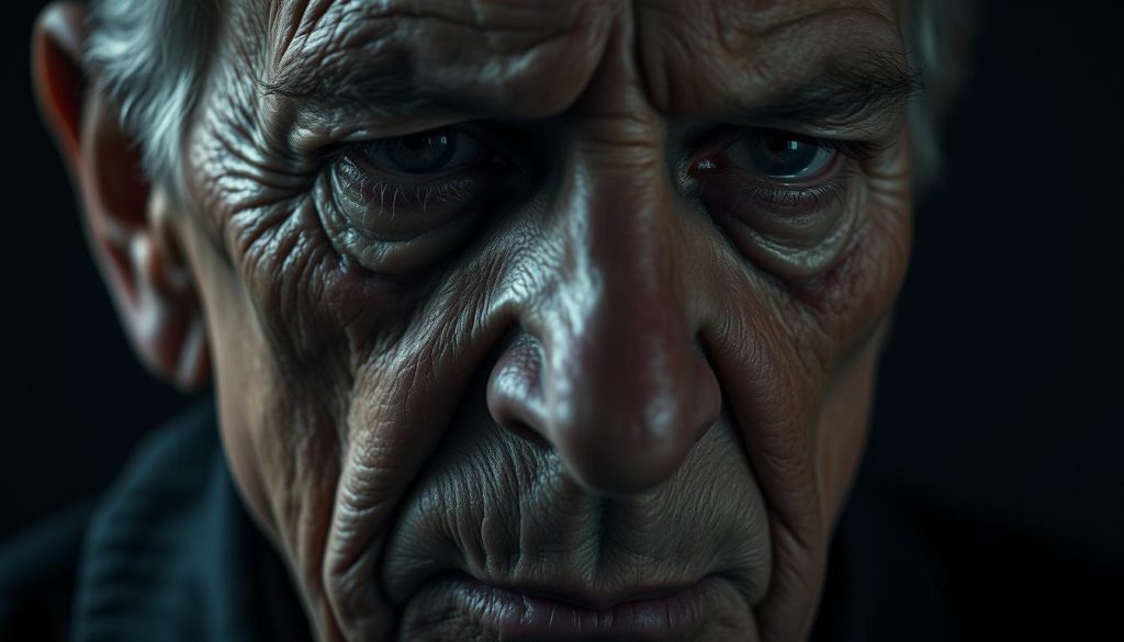 A somber close-up portrait of a person's face, ravaged by the effects of Huntington's disease. The skin is taut and weathered, the eyes sunken and haunted, the brow furrowed with pain and resignation. The lighting is low-key, casting dramatic shadows that accentuate the hollows and contours of the subject's features. The background is intentionally blurred, keeping the focus solely on the individual's intense, introspective gaze. The overall tone is one of quiet, empathetic observation, conveying the profound physical and emotional toll of this debilitating neurological disorder.