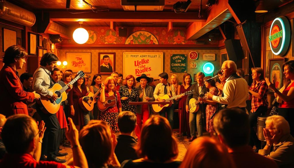 A vibrant, folk-inspired scene from the 1960s. In the foreground, a lively group of musicians perform on stage, their instruments and movements capturing the energy of the era. The middle ground features a crowd of enthusiastic audience members, swaying and clapping along to the music. In the background, colorful vintage decor and lighting evoke the intimate, underground atmosphere of a folk music venue. The lighting is warm and dramatic, casting dramatic shadows and highlights across the faces and forms of the performers and crowd. The overall composition conveys a sense of joy, community, and the enduring power of folk music to unite and inspire.