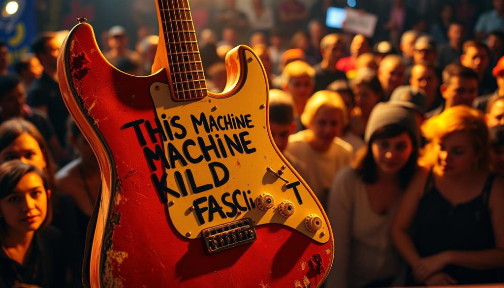 A vibrant, visually striking scene depicting the iconic "This Machine Kills Fascists" slogan prominently displayed on the body of a well-worn, vintage electric guitar. The guitar stands in the foreground, bathed in warm, golden lighting that casts dramatic shadows across its weathered surface. In the middle ground, a crowd of diverse individuals gathers, their expressions ranging from contemplative to impassioned, representing the slogan's enduring influence on popular culture. The background is blurred, hinting at a lively, energetic setting - perhaps a music venue or a political rally - where the guitar's message resonates with the gathered audience. The overall atmosphere conveys a sense of defiance, resistance, and the power of art to shape social and political discourse.