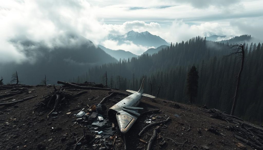 A haunting aerial view of a remote, mountainous landscape shrouded in mist. In the foreground, the twisted, charred wreckage of a small passenger plane rests amidst the rugged terrain, its fuselage partially buried in the earth. Debris and personal belongings are scattered across the scene, evoking a sense of tragedy and loss. The middle ground is dominated by a dense, gnarled forest, its dark, twisted trees adding to the somber, foreboding atmosphere. In the distance, the silhouettes of jagged, snow-capped peaks loom ominously, their peaks obscured by swirling clouds. The lighting is muted and moody, casting long shadows and a sense of melancholy over the entire tableau. This is the forgotten crash site of the ill-fated Los Gatos plane, a tragic event shrouded in mystery and untold stories.