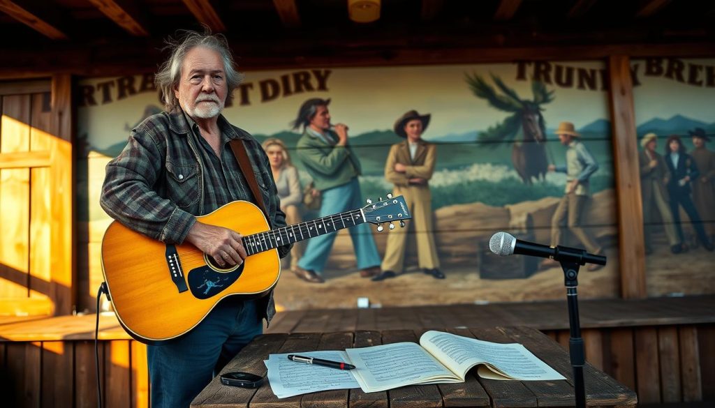 A portrait of American folk singer Arlo Guthrie, son of legendary Woody Guthrie, standing on a weathered wooden stage, surrounded by the tools of his musical trade - a vintage acoustic guitar, sheet music, and a microphone. Warm, golden lighting illuminates his face, capturing his pensive, thoughtful expression as he reflects on his musical legacy and the profound influence of his father's iconic songs. In the background, a mural depicts scenes from Woody Guthrie's life and career, serving as a symbolic tribute to the family's enduring musical heritage. The overall composition conveys a sense of reverence, nostalgia, and the weight of Arlo's role in continuing his father's musical and social justice legacy. A portrait of American folk singer Arlo Guthrie, son of legendary Woody Guthrie, standing on a weathered wooden stage, surrounded by the tools of his musical trade - a vintage acoustic guitar, sheet music, and a microphone. Warm, golden lighting illuminates his face, capturing his pensive, thoughtful expression as he reflects on his musical legacy and the profound influence of his father's iconic songs. In the background, a mural depicts scenes from Woody Guthrie's life and career, serving as a symbolic tribute to the family's enduring musical heritage. The overall composition conveys a sense of reverence, nostalgia, and the weight of Arlo's role in continuing his father's musical and social justice legacy.