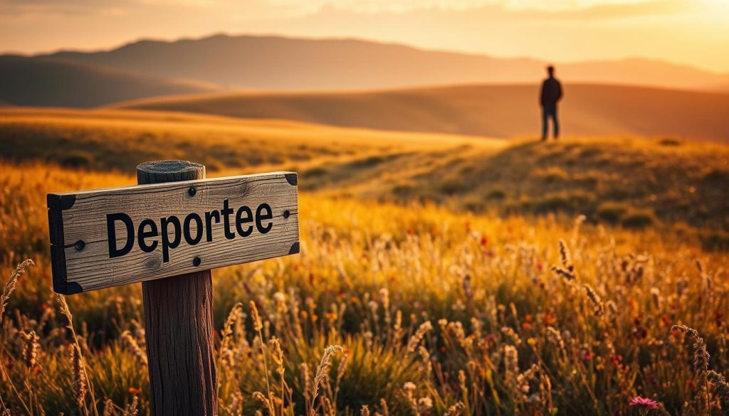 A serene landscape bathed in warm, golden light. In the foreground, a weathered wooden signpost points the way to "Deportee," a timeless folk song that has endured through the decades. Behind it, a sprawling field of wildflowers sways gently in the breeze, their vibrant hues a testament to the enduring legacy of the song. In the distance, a lone figure stands atop a rolling hill, gazing out over the scene, lost in the melancholic beauty of the music that has touched so many lives. The composition evokes a sense of nostalgia and reverence, capturing the enduring power of "Deportee" to transcend time and space.