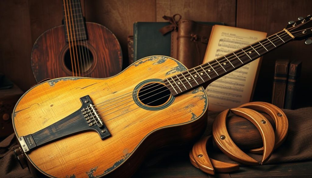 Woody Guthrie's Instruments: A Nostalgic Still Life A vintage-inspired tableau showcasing the iconic instruments of folk music legend Woody Guthrie. In the foreground, his well-worn, sun-faded acoustic guitar takes center stage, its worn wooden body and weathered strings evoking a lifetime of soulful melodies. Surrounding it, an assortment of Guthrie's other musical tools - a harmonica, a battered leather-bound songbook, and a set of hand-carved rhythm bones - are arranged with care, creating a visually captivating composition. The muted, sepia-toned lighting casts a warm, nostalgic glow, transporting the viewer to a bygone era of American folk tradition. The overall scene is imbued with a sense of reverence and historical significance, honoring the enduring legacy of this legendary musical pioneer.