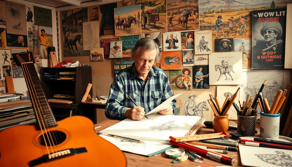 A collaborative artistic workspace with Woody Guthrie's iconic folk guitar and assorted drawing materials in the foreground. In the middle ground, Guthrie sketches and paints with a pensive expression, surrounded by a collage of his own drawings, paintings, and iconic album cover art. The background features a mural depicting scenes from Guthrie's life and musical career, with vibrant colors and a vintage aesthetic. The lighting is warm and natural, casting a soft glow over the entire scene, conveying a sense of creativity, inspiration, and the enduring legacy of Woody Guthrie's multifaceted artistic expression.