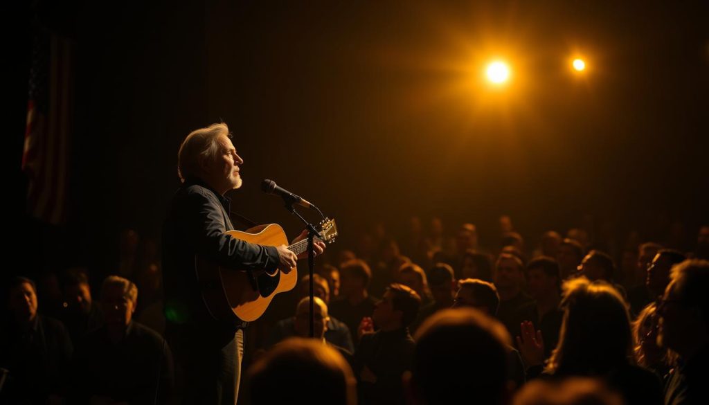A dimly lit stage, a lone figure standing in the spotlight, an acoustic guitar in hand. The man's weathered face exudes a rugged sincerity as he sings a familiar folk melody, a tribute to the musical legacy of Woody Guthrie. The audience, enraptured, sways in unison, their faces illuminated by the warm glow of the stage lights. In the background, a subtle silhouette of the American flag, a symbol of the nation's musical heritage. The scene evokes a sense of reverence and a shared connection to the timeless artistry of the folk tradition. The image captures the essence of Bruce Springsteen's musical homage to his legendary predecessor.