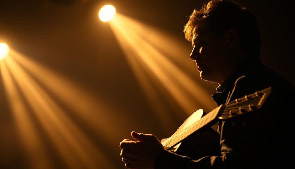 A dimly lit stage, a single spotlight shining on an old, worn acoustic guitar. In the foreground, the weathered hands of a folk singer, callused from years of strumming. The background fades into a hazy, nostalgic sepia tone, evoking the timeless essence of American folk music. Beams of light cut through the shadows, illuminating the silhouette of a young Bruce Springsteen, his face in profile, reverently listening to the melodies that have inspired his own music. The atmosphere is one of reverence, a tribute to the profound influence Woody Guthrie has had on the artistic journey of the "Boss."