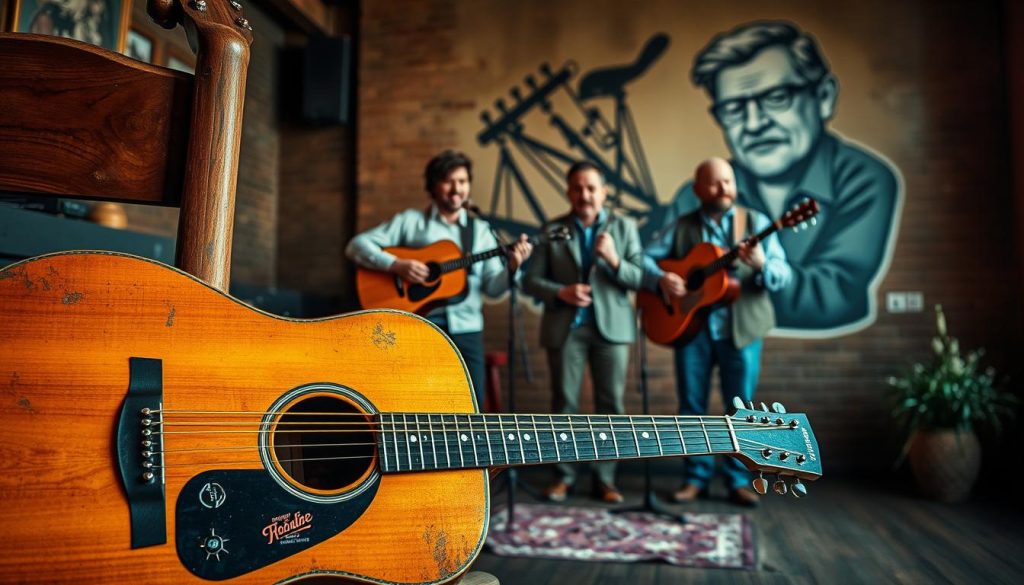 A serene folk music scene with a warm, earthy palette. In the foreground, a weathered acoustic guitar rests against a wooden chair, its worn surface a testament to years of soulful playing. In the middle ground, a trio of musicians - a guitarist, a fiddler, and a harmonicist - perform with passionate expression, their faces illuminated by soft, natural lighting. In the background, a mural of Woody Guthrie, the iconic folk singer, watches over the scene, a symbolic nod to the genre's enduring legacy. The overall atmosphere evokes a sense of timeless tradition and modern reinvention, blending the familiar with the novel.