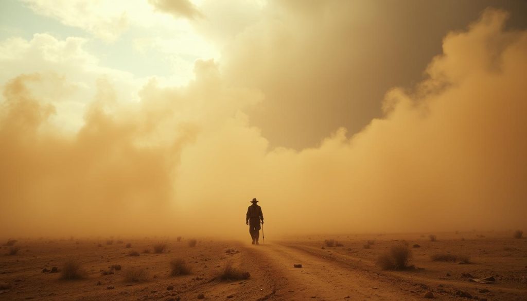 A sweeping panoramic landscape, capturing the essence of Woody Guthrie's "The Great Dust Storm". In the foreground, billowing clouds of dust swirl and surge, obscuring the horizon. The middle ground features a lone figure, weathered and weary, trudging through the hazy landscape, symbolizing the hardships faced by those affected by the devastating storms. In the background, a looming, ominous sky casts a somber, muted tone, reflecting the grim realities of the Dust Bowl era. The scene is illuminated by a warm, golden light, lending a sense of melancholy and resilience. Crisp, cinematic composition, with a focus on dramatic, moody atmosphere and the human struggle against the unbridled forces of nature.