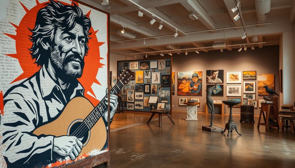 A vibrant contemporary art scene, inspired by the iconic folk singer Woody Guthrie. In the foreground, a larger-than-life mural depicting Guthrie's rugged visage, his guitar, and the bold, graphic style reminiscent of protest art. The middle ground features a mixed-media installation, incorporating found objects, vintage photographs, and handwritten lyrics that evoke Guthrie's DIY aesthetic. In the background, a gallery space showcases a diverse array of paintings, sculptures, and installations that reinterpret Guthrie's themes of social justice, labor rights, and environmental stewardship through a modern, visually striking lens. Warm, muted tones and a sense of gritty, urban energy permeate the scene, reflecting the enduring influence of Woody Guthrie on contemporary art and culture.
