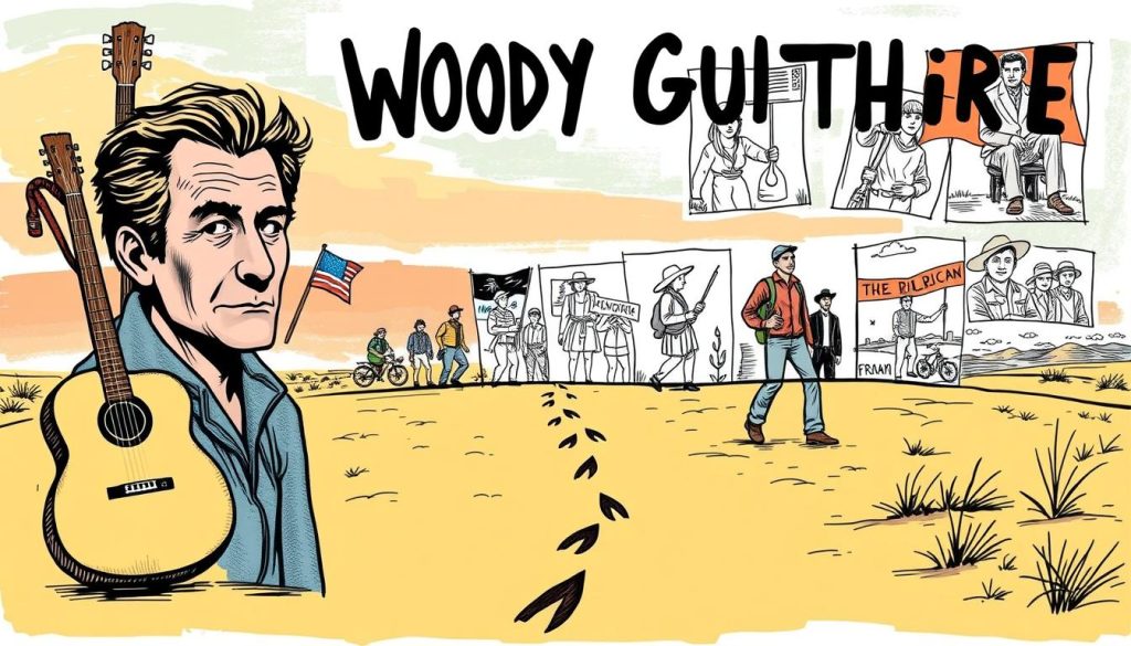 A vibrant, hand-drawn illustration depicting the recurring artistic themes of American folk musician and artist Woody Guthrie. In the foreground, a bold, expressive portrait of Guthrie himself, surrounded by symbolic imagery reflecting his passions: a weathered guitar, a hobo's bindle, a union flag, and a trail of footprints stretching into the distance. In the middle ground, a collage of Guthrie's iconic illustrations, featuring his signature sketchy style and socially conscious subject matter - migrant workers, protest rallies, Americana landscapes. The background evokes a warm, nostalgic palette, with a painterly sky and earthy tones, evoking the folk tradition Guthrie championed. The overall composition conveys the spirit of Guthrie's art - honest, political, and deeply rooted in the American experience.