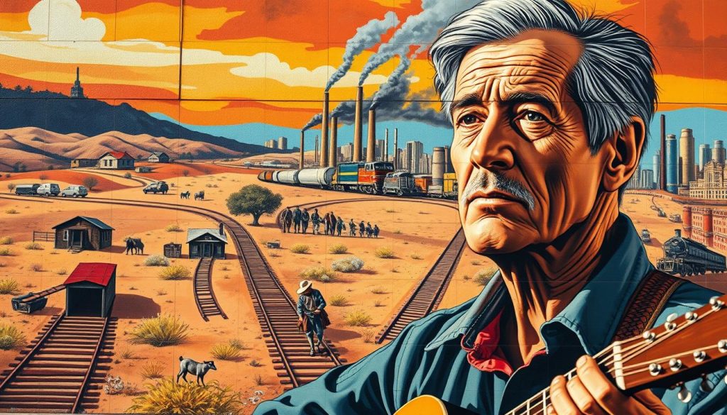 A vibrant mural depicting the profound impact of Woody Guthrie's music on American culture. In the foreground, Guthrie's rugged, weathered face is rendered in bold, expressive strokes, his iconic guitar slung over his shoulder. In the middle ground, a collage of iconic Dust Bowl imagery - ramshackle farmhouses, sweeping plains, weary migrants - pays homage to the social and economic struggles that inspired Guthrie's seminal folk anthems. The background features a kaleidoscope of Americana - railroad tracks, factory smokestacks, and the towering skyline of a bustling city, all connected by the unifying thread of Guthrie's music and its enduring influence. The scene is bathed in warm, golden light, conveying a sense of timeless, hardscrabble resilience.