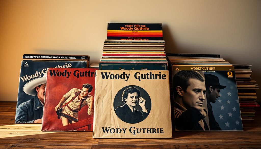 A visually striking still life arrangement showcasing a collection of iconic Woody Guthrie album covers. Prominently displayed in the foreground, the albums are placed on a wooden surface, their weathered and textured covers illuminated by warm, natural lighting. The middle ground features additional albums, stacked neatly or fanned out, creating a sense of depth and curation. In the background, a simple, uncluttered backdrop allows the albums to take center stage, emphasizing their historical significance and the enduring legacy of Woody Guthrie's timeless music.