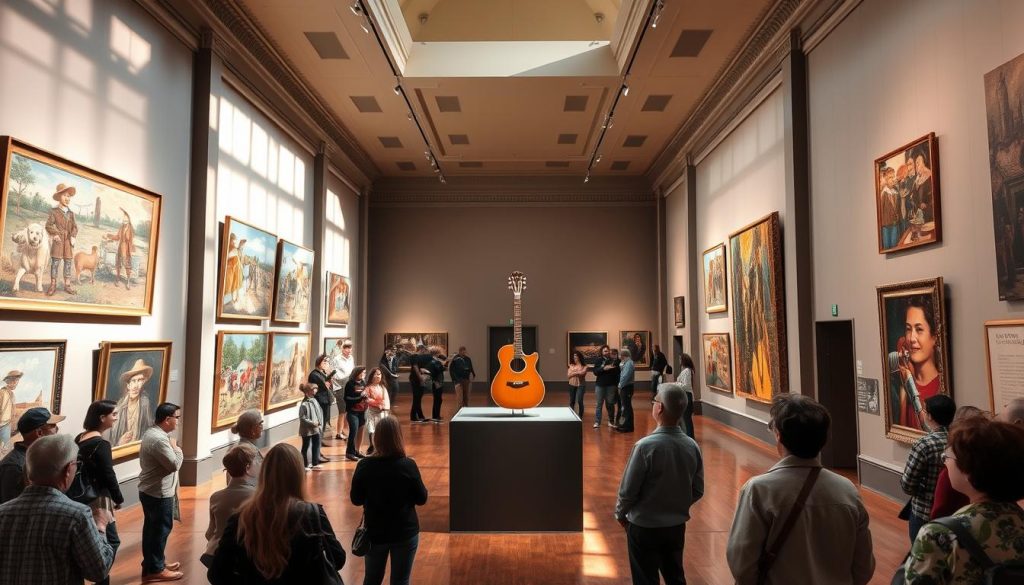 Elegant exhibition hall showcasing the major artworks of American folk singer and artist Woody Guthrie. Sunlight filters through large windows, casting a warm glow on the vibrant, expressive paintings and drawings lining the gallery walls. Visitors gaze in awe at Guthrie's iconic depictions of rural America, his bold brushstrokes and vivid colors capturing the spirit of the common people. In the center, a grand display plinth features one of Guthrie's iconic guitars, a testament to his musical legacy. The space exudes a sense of reverence and appreciation for this influential cultural figure and his multifaceted artistic contributions.
