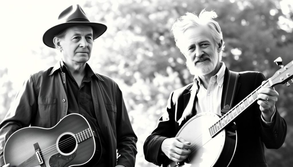 A black and white photograph of American folk musicians Woody Guthrie and Pete Seeger, captured in a warm, natural light. Guthrie, with his signature guitar and worn hat, stands tall and confident, while Seeger, with his banjo and a serene expression, stands beside him. The two friends are captured in an intimate moment, their camaraderie and shared passion for music evident in their body language. The background is slightly blurred, focusing the viewer's attention on the two iconic figures. The image conveys a sense of timelessness, reflecting the enduring legacy of these two pioneers of American folk music. A black and white photograph of American folk musicians Woody Guthrie and Pete Seeger, captured in a warm, natural light. Guthrie, with his signature guitar and worn hat, stands tall and confident, while Seeger, with his banjo and a serene expression, stands beside him. The two friends are captured in an intimate moment, their camaraderie and shared passion for music evident in their body language. The background is slightly blurred, focusing the viewer's attention on the two iconic figures. The image conveys a sense of timelessness, reflecting the enduring legacy of these two pioneers of American folk music.