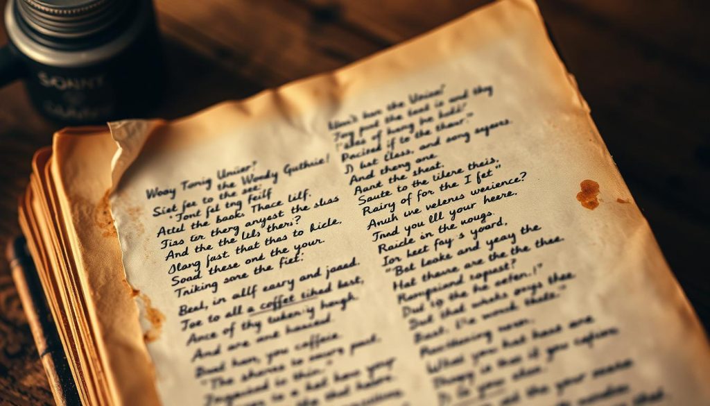 A close-up shot of a tattered notebook page, filled with the handwritten lyrics of Woody Guthrie's "Union Songs." The pages are worn and weathered, with creases and coffee stains adding a sense of history and authenticity. The text is written in a cursive, old-fashioned style, capturing the folk tradition and working-class spirit of Guthrie's music. The background is blurred, with a warm, sepia-toned lighting that evokes the era and mood of the lyrics. The overall composition conveys the power and significance of Guthrie's iconic "Union Songs" as a testament to the struggles and solidarity of the labor movement.