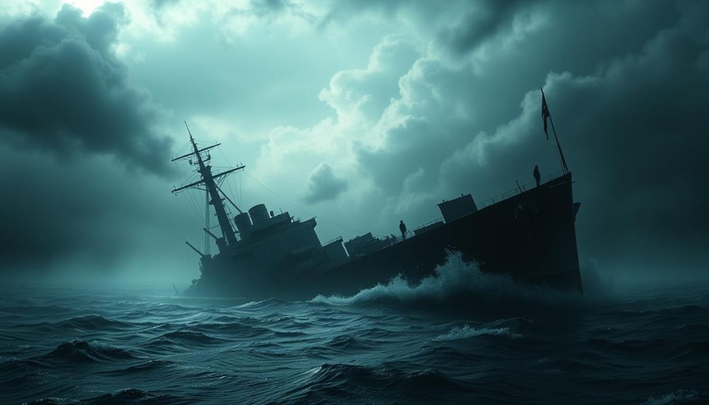 A dark and ominous scene of the USS Reuben James, a World War II-era destroyer, sinking beneath the waves amidst a storm of controversy. In the foreground, the stricken ship lists heavily to the side, its hull and superstructure battered and damaged, as if caught in a violent and tragic event. The middle ground is shrouded in a haze of uncertainty, with shadowy figures and speculative interpretations of the sinking swirling around the doomed vessel. In the background, a swirling and turbulent sky, heavy with foreboding clouds, sets the stage for the ongoing debates and controversies surrounding this historic and tragic event. A dark and ominous scene of the USS Reuben James, a World War II-era destroyer, sinking beneath the waves amidst a storm of controversy. In the foreground, the stricken ship lists heavily to the side, its hull and superstructure battered and damaged, as if caught in a violent and tragic event. The middle ground is shrouded in a haze of uncertainty, with shadowy figures and speculative interpretations of the sinking swirling around the doomed vessel. In the background, a swirling and turbulent sky, heavy with foreboding clouds, sets the stage for the ongoing debates and controversies surrounding this historic and tragic event.