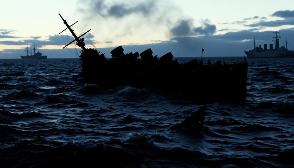 A dramatic scene of the sinking of the USS Reuben James, a Clemson-class destroyer of the United States Navy, in the early hours of October 31, 1941. The vessel is listing heavily, its hull partially submerged in the dark, churning waters of the North Atlantic. Debris and wreckage float in the foreground, while in the background, the silhouettes of other ships can be seen against the pre-dawn sky. The lighting is low and moody, with a sense of urgency and desperation. The composition emphasizes the scale and power of the disaster, capturing the moment just before the ship succumbs to the waves. A dramatic scene of the sinking of the USS Reuben James, a Clemson-class destroyer of the United States Navy, in the early hours of October 31, 1941. The vessel is listing heavily, its hull partially submerged in the dark, churning waters of the North Atlantic. Debris and wreckage float in the foreground, while in the background, the silhouettes of other ships can be seen against the pre-dawn sky. The lighting is low and moody, with a sense of urgency and desperation. The composition emphasizes the scale and power of the disaster, capturing the moment just before the ship succumbs to the waves.