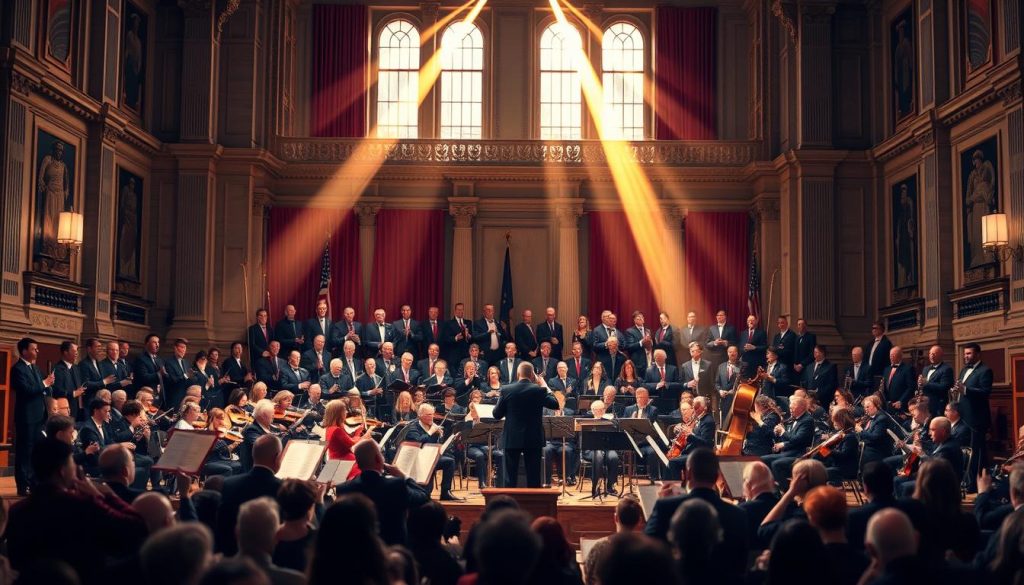 A grand orchestral performance of patriotic hymns, with a majestic brass section and powerful choral harmonies. The musicians are situated on a large stage, surrounded by ornate, classical architecture and elegant curtains in rich, regal hues. Beams of warm, golden light pour in from high windows, casting a reverential glow over the scene. The audience is unseen, but their enthusiastic applause can be felt, creating an atmosphere of unity, pride, and unwavering national spirit.