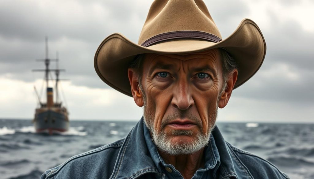 A middle-aged man with a weathered face, Woody Guthrie, wearing a worn denim jacket and a cowboy hat, stands against a backdrop of a stormy, gray seascape. His eyes are fixed with a pensive gaze, as if contemplating the tragedy of the Reuben James sinking. The light casts dramatic shadows on his features, accentuating his rugged, folk-singer aesthetic. In the distance, the silhouette of a ship can be seen, its masts tilting precariously against the roiling waves. The overall atmosphere is one of somber reflection, capturing the emotional impact of Guthrie's iconic folk song memorializing the lives lost in that fateful maritime disaster. A middle-aged man with a weathered face, Woody Guthrie, wearing a worn denim jacket and a cowboy hat, stands against a backdrop of a stormy, gray seascape. His eyes are fixed with a pensive gaze, as if contemplating the tragedy of the Reuben James sinking. The light casts dramatic shadows on his features, accentuating his rugged, folk-singer aesthetic. In the distance, the silhouette of a ship can be seen, its masts tilting precariously against the roiling waves. The overall atmosphere is one of somber reflection, capturing the emotional impact of Guthrie's iconic folk song memorializing the lives lost in that fateful maritime disaster.