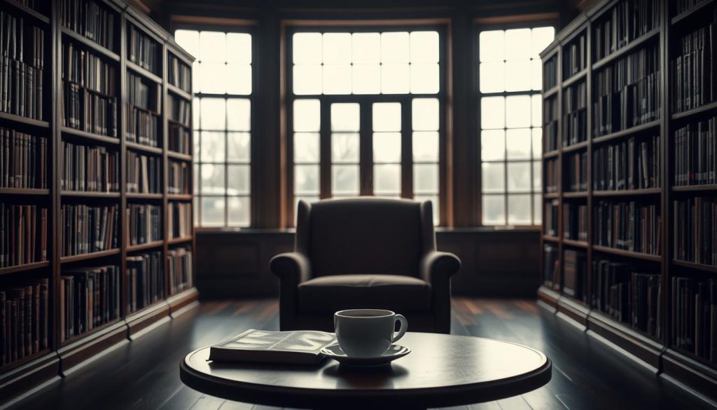 A serene, dimly lit library interior with wooden bookshelves lining the walls. In the foreground, a small table with a leather-bound book and a cup of coffee resting on it. The middle ground features a cozy armchair facing the table, inviting the viewer to sit and immerse themselves in critical analysis. The background showcases large windows that allow muted natural light to filter in, creating a contemplative atmosphere. The overall scene conveys a sense of intellectual discourse and thoughtful engagement with the subject matter.