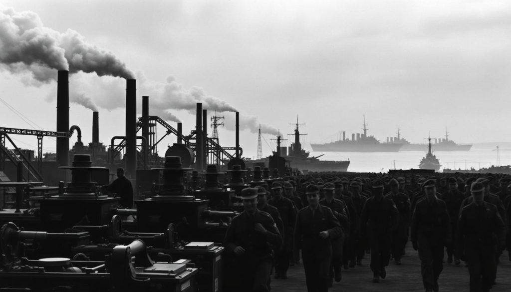A somber, monochromatic scene of the United States during the early days of World War II. In the foreground, factory workers toil amidst the machinery and smokestacks of a wartime industrial complex. In the middle ground, soldiers in uniform march in disciplined ranks, their faces resolute. In the distant background, the silhouettes of warships loom on the horizon, a testament to the nation's growing military might. The lighting is muted, conveying a sense of gravity and impending conflict. The overall atmosphere is one of preparation, determination, and the weight of history upon the American people. A somber, monochromatic scene of the United States during the early days of World War II. In the foreground, factory workers toil amidst the machinery and smokestacks of a wartime industrial complex. In the middle ground, soldiers in uniform march in disciplined ranks, their faces resolute. In the distant background, the silhouettes of warships loom on the horizon, a testament to the nation's growing military might. The lighting is muted, conveying a sense of gravity and impending conflict. The overall atmosphere is one of preparation, determination, and the weight of history upon the American people.