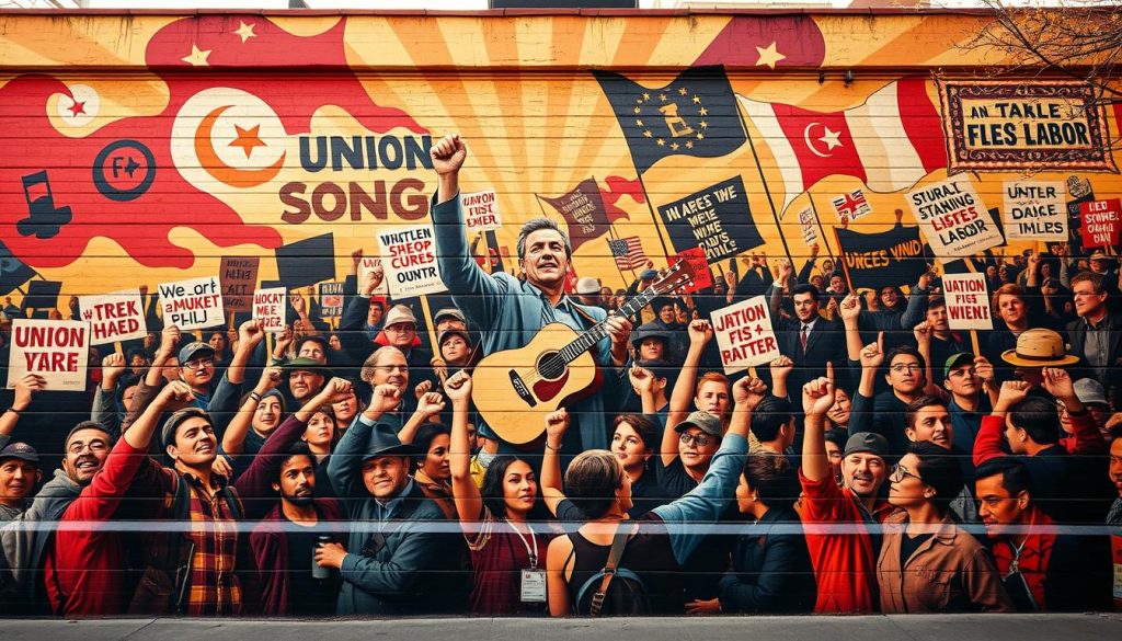 A vibrant mural on a city wall, depicting the profound influence of "Union Songs" on society. In the foreground, a diverse crowd of workers and activists raise their fists in solidarity, their faces alight with determination. In the middle ground, the iconic figure of Woody Guthrie, guitar in hand, leads the charge, his voice carrying the rallying cry of the labor movement. The background is a swirling tapestry of historic protest banners, picket signs, and the silhouettes of marching crowds, all united by the power of music to inspire change. The scene is bathed in warm, golden light, evoking a sense of timeless revolution and the enduring spirit of the working class.