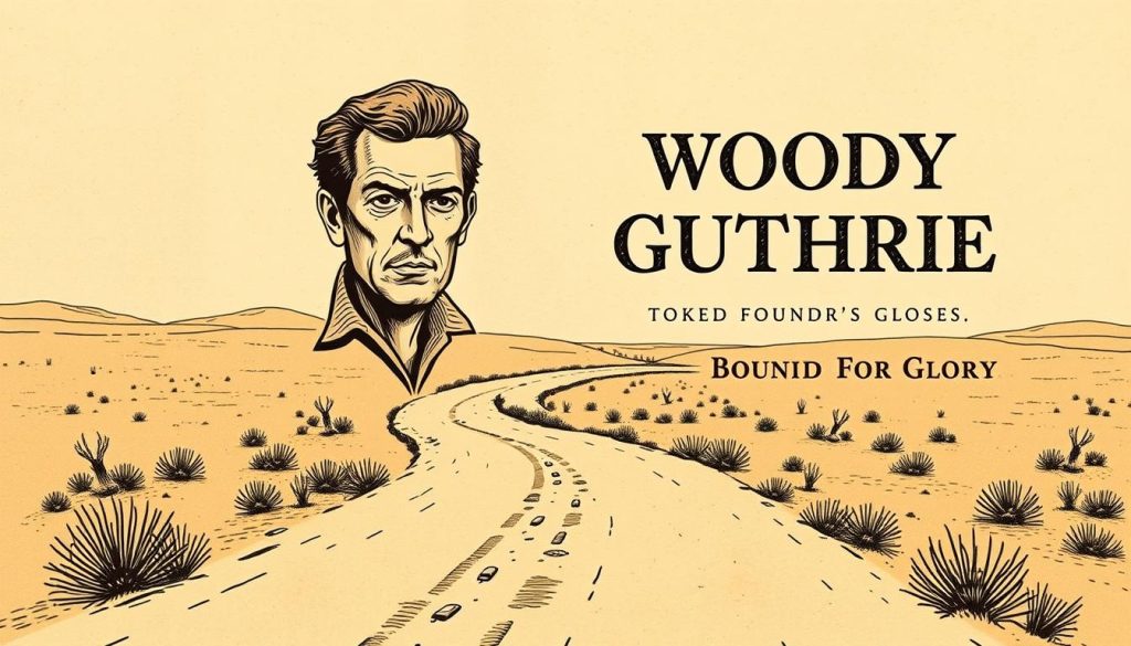 A vintage-inspired, sepia-toned illustration of the cover of Woody Guthrie's autobiographical work "Bound for Glory". The cover depicts Guthrie's portrait set against a backdrop of a dusty road winding through a desolate landscape, evoking the hardships and wandering spirit of the American folk singer. The image is rendered with a soft, nostalgic aesthetic, emphasizing the timeless quality of Guthrie's life story. Subtle typographic elements suggest the title and author's name, without distracting from the main visual focus. The overall composition conveys a sense of weathered authenticity, reflecting the insightful "Analysis of Woody Guthrie's Autobiography" that the image is intended to accompany. A vintage-inspired, sepia-toned illustration of the cover of Woody Guthrie's autobiographical work "Bound for Glory". The cover depicts Guthrie's portrait set against a backdrop of a dusty road winding through a desolate landscape, evoking the hardships and wandering spirit of the American folk singer. The image is rendered with a soft, nostalgic aesthetic, emphasizing the timeless quality of Guthrie's life story. Subtle typographic elements suggest the title and author's name, without distracting from the main visual focus. The overall composition conveys a sense of weathered authenticity, reflecting the insightful "Analysis of Woody Guthrie's Autobiography" that the image is intended to accompany.