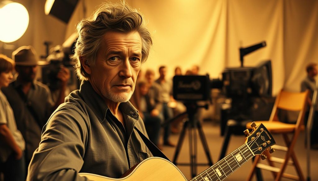 A vintage, sepia-toned photograph depicting the legendary folk singer Woody Guthrie on a film set. In the foreground, Guthrie stands with his iconic guitar, his face weathered and focused, surrounded by the hustle and bustle of the movie production. In the middle ground, a director's chair and a vintage movie camera capture the cinematic atmosphere. The background is blurred, hinting at the set's expansive scale and the creative energy of the era. The lighting is soft and warm, casting a nostalgic glow over the scene, evoking the golden age of American cinema and Guthrie's enduring influence on the country's musical and cultural landscape. A vintage, sepia-toned photograph depicting the legendary folk singer Woody Guthrie on a film set. In the foreground, Guthrie stands with his iconic guitar, his face weathered and focused, surrounded by the hustle and bustle of the movie production. In the middle ground, a director's chair and a vintage movie camera capture the cinematic atmosphere. The background is blurred, hinting at the set's expansive scale and the creative energy of the era. The lighting is soft and warm, casting a nostalgic glow over the scene, evoking the golden age of American cinema and Guthrie's enduring influence on the country's musical and cultural landscape.