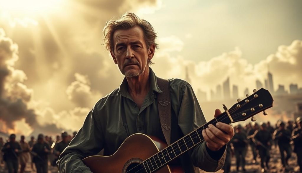 A weathered Woody Guthrie, guitar in hand, stands resolute against the backdrop of a war-torn landscape. Sunlight filters through billowing smoke, casting a somber, sepia-toned glow. In the middle ground, soldiers march in formation, their bayonets glinting. In the distance, a ruined city skyline rises, its silhouette a testament to the ravages of conflict. Guthrie's weathered face reflects a pensive, determined expression, his music a rallying cry in the face of adversity. The scene evokes the tumultuous era of World War II, when Guthrie's folk anthems became the voice of the common people, uniting them in the struggle for justice and peace. A weathered Woody Guthrie, guitar in hand, stands resolute against the backdrop of a war-torn landscape. Sunlight filters through billowing smoke, casting a somber, sepia-toned glow. In the middle ground, soldiers march in formation, their bayonets glinting. In the distance, a ruined city skyline rises, its silhouette a testament to the ravages of conflict. Guthrie's weathered face reflects a pensive, determined expression, his music a rallying cry in the face of adversity. The scene evokes the tumultuous era of World War II, when Guthrie's folk anthems became the voice of the common people, uniting them in the struggle for justice and peace.