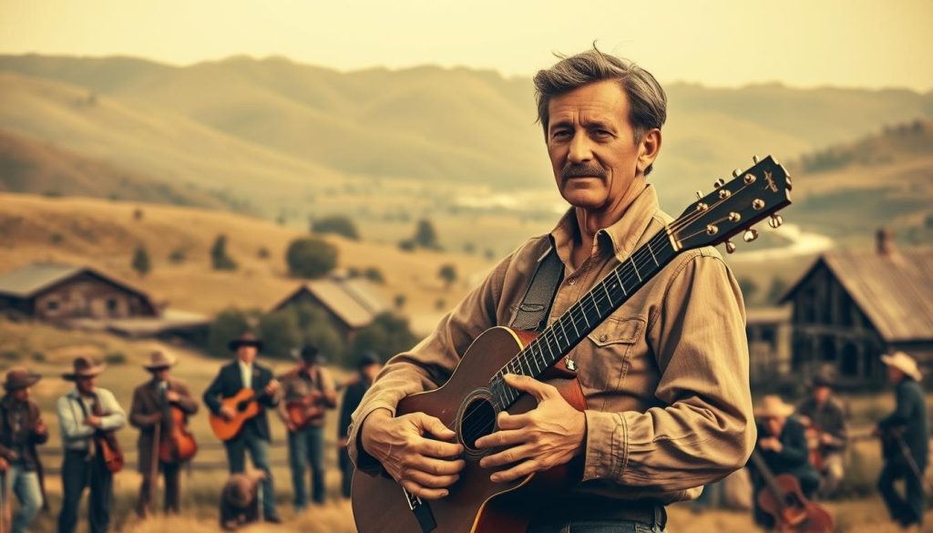 Woody Guthrie standing tall, his worn guitar in hand, against a backdrop of a vintage Americana landscape. Soft, warm lighting illuminates his weathered face, conveying a sense of resilience and artistic passion. In the middle ground, folk musicians gather, their instruments and bodies reflecting the energy of a musical renaissance. The background features a hazy, sepia-toned scene of rural life, with rolling hills, wooden structures, and a hint of a winding river. The overall mood evokes a timeless, nostalgic era when Guthrie's protest songs and folk melodies helped shape the cultural identity of the United States. Woody Guthrie standing tall, his worn guitar in hand, against a backdrop of a vintage Americana landscape. Soft, warm lighting illuminates his weathered face, conveying a sense of resilience and artistic passion. In the middle ground, folk musicians gather, their instruments and bodies reflecting the energy of a musical renaissance. The background features a hazy, sepia-toned scene of rural life, with rolling hills, wooden structures, and a hint of a winding river. The overall mood evokes a timeless, nostalgic era when Guthrie's protest songs and folk melodies helped shape the cultural identity of the United States.