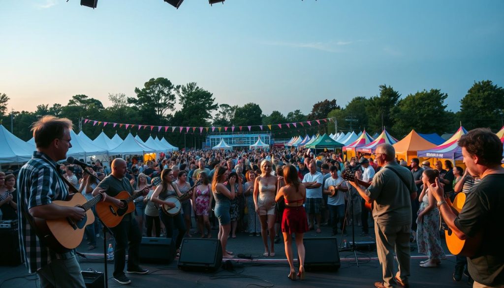 A lively outdoor music festival, performers take the stage under warm evening light. In the foreground, musicians play guitars, fiddles, and banjos, their faces alive with joy and passion. The middle ground shows a crowd of festival-goers dancing and swaying to the infectious rhythms, an eclectic mix of styles and ages. In the background, colorful tents and food stalls line the perimeter, creating an atmosphere of celebration and community. The scene is captured with a wide, cinematic lens, conveying the energy and spirit of this cherished folk music gathering. A lively outdoor music festival, performers take the stage under warm evening light. In the foreground, musicians play guitars, fiddles, and banjos, their faces alive with joy and passion. The middle ground shows a crowd of festival-goers dancing and swaying to the infectious rhythms, an eclectic mix of styles and ages. In the background, colorful tents and food stalls line the perimeter, creating an atmosphere of celebration and community. The scene is captured with a wide, cinematic lens, conveying the energy and spirit of this cherished folk music gathering.