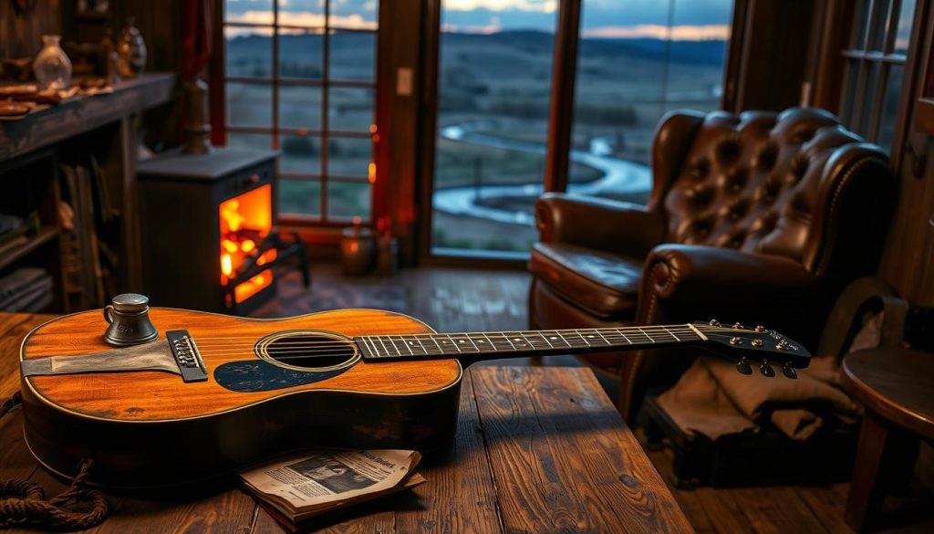 A rustic, folk-style scene depicting the origins of the classic song "Cocaine Blues" by Woody Guthrie. In the foreground, a weathered acoustic guitar rests on a wooden table, surrounded by a tarnished silver flask, a crumpled newspaper, and a vintage photograph. In the middle ground, a worn-in leather armchair sits by a crackling fireplace, casting a warm, amber glow across the room. In the background, a window overlooking a rural landscape at dusk, with rolling hills and a winding river in the distance. The overall mood is one of nostalgia, Americana, and the creative process behind this seminal folk song. A rustic, folk-style scene depicting the origins of the classic song "Cocaine Blues" by Woody Guthrie. In the foreground, a weathered acoustic guitar rests on a wooden table, surrounded by a tarnished silver flask, a crumpled newspaper, and a vintage photograph. In the middle ground, a worn-in leather armchair sits by a crackling fireplace, casting a warm, amber glow across the room. In the background, a window overlooking a rural landscape at dusk, with rolling hills and a winding river in the distance. The overall mood is one of nostalgia, Americana, and the creative process behind this seminal folk song.