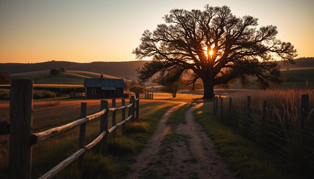 A serene, twilight landscape at a rural homestead, bathed in warm, golden light. In the foreground, a weathered wooden fence and a dirt path leading to a modest farmhouse. In the middle ground, a large oak tree spreads its branches, casting dappled shadows. In the background, rolling hills dotted with tall grasses sway gently in the breeze. The scene evokes a sense of timeless, Americana nostalgia, capturing the essence of Woody Guthrie's musical legacy and the humble, hardscrabble life that inspired his art. The composition is balanced and harmonious, with a focus on natural textures and earthy tones that reflect the rugged beauty of the American heartland. A serene, twilight landscape at a rural homestead, bathed in warm, golden light. In the foreground, a weathered wooden fence and a dirt path leading to a modest farmhouse. In the middle ground, a large oak tree spreads its branches, casting dappled shadows. In the background, rolling hills dotted with tall grasses sway gently in the breeze. The scene evokes a sense of timeless, Americana nostalgia, capturing the essence of Woody Guthrie's musical legacy and the humble, hardscrabble life that inspired his art. The composition is balanced and harmonious, with a focus on natural textures and earthy tones that reflect the rugged beauty of the American heartland.