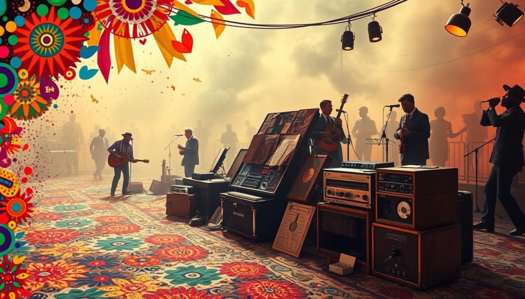 A vibrant cultural landscape, where the echoes of "Cocaine Blues" reverberate through time. In the foreground, a kaleidoscope of vivid colors and abstract patterns, representing the song's far-reaching influence. In the middle ground, a collage of historical artifacts, vintage music sheets, and analog recording equipment, paying homage to Guthrie's musical legacy. The background is a hazy, dreamlike scene, blending the past and present, with silhouettes of musicians and dancers, capturing the song's enduring impact on popular culture. Warm, diffused lighting casts a nostalgic glow, evoking the timeless essence of this iconic American folk song. A vibrant cultural landscape, where the echoes of "Cocaine Blues" reverberate through time. In the foreground, a kaleidoscope of vivid colors and abstract patterns, representing the song's far-reaching influence. In the middle ground, a collage of historical artifacts, vintage music sheets, and analog recording equipment, paying homage to Guthrie's musical legacy. The background is a hazy, dreamlike scene, blending the past and present, with silhouettes of musicians and dancers, capturing the song's enduring impact on popular culture. Warm, diffused lighting casts a nostalgic glow, evoking the timeless essence of this iconic American folk song.