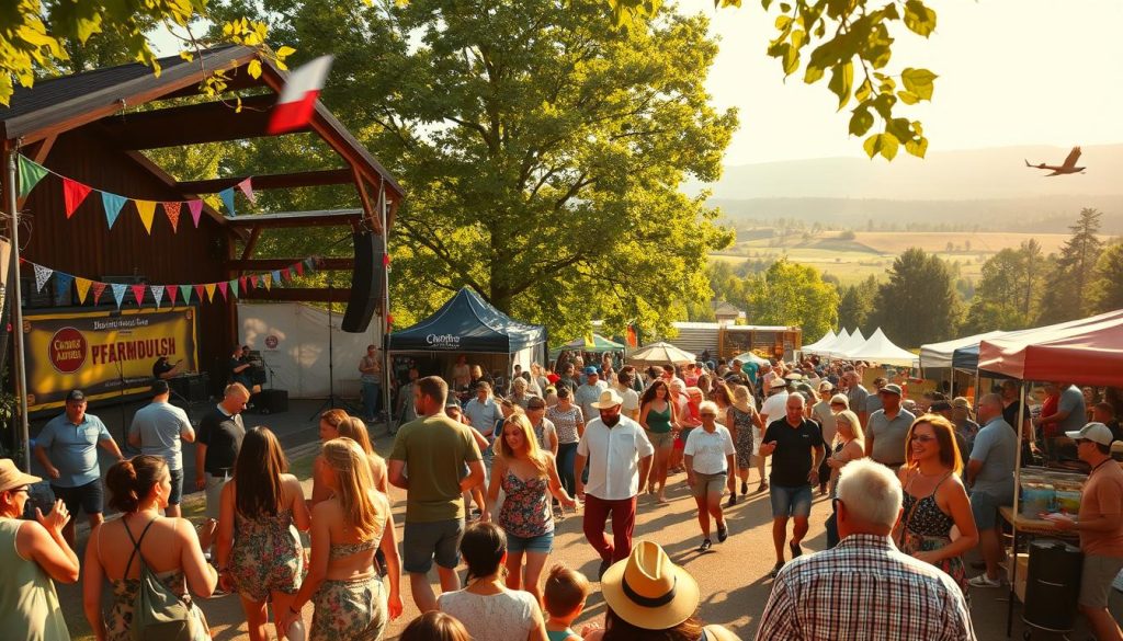 A vibrant festival scene in a sun-dappled outdoor setting. In the foreground, a lively crowd of music enthusiasts dance and sway to the rhythmic beats of a live performance on a wooden stage. Colorful banners and decorations adorn the festival grounds, creating a celebratory atmosphere. In the middle ground, food stalls and craft vendors offer a diverse array of local specialties and handmade goods. The background is framed by verdant trees and rolling hills, hinting at the pastoral charm of the surrounding landscape. Warm lighting and a soft, golden-hour glow infuse the scene with a nostalgic, Americana-inspired ambiance. A vibrant festival scene in a sun-dappled outdoor setting. In the foreground, a lively crowd of music enthusiasts dance and sway to the rhythmic beats of a live performance on a wooden stage. Colorful banners and decorations adorn the festival grounds, creating a celebratory atmosphere. In the middle ground, food stalls and craft vendors offer a diverse array of local specialties and handmade goods. The background is framed by verdant trees and rolling hills, hinting at the pastoral charm of the surrounding landscape. Warm lighting and a soft, golden-hour glow infuse the scene with a nostalgic, Americana-inspired ambiance.