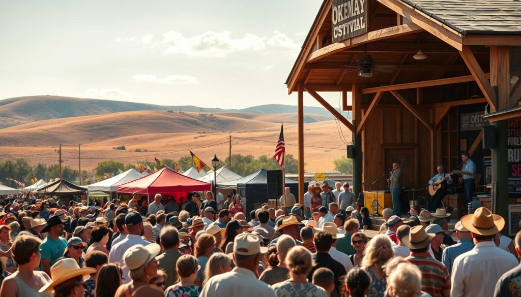 A vibrant, sun-dappled outdoor scene showcasing the historic Okemah Folk Festival, honoring the legacy of legendary folk musician Woody Guthrie. In the foreground, a lively crowd of festival-goers gathers around a wooden stage, their faces aglow with excitement as they listen to the soulful strains of guitar and harmonica. In the middle ground, vendors peddle handcrafted wares and local fare, while colorful banners and flags flutter in the gentle breeze. In the background, the rolling hills of Okemah, Oklahoma provide a picturesque natural backdrop, evoking the simple, rugged beauty that inspired Guthrie's timeless folk anthems. Warm, golden lighting casts a nostalgic glow over the entire scene, capturing the timeless essence of this annual celebration of music, community, and Woody Guthrie's enduring legacy. A vibrant, sun-dappled outdoor scene showcasing the historic Okemah Folk Festival, honoring the legacy of legendary folk musician Woody Guthrie. In the foreground, a lively crowd of festival-goers gathers around a wooden stage, their faces aglow with excitement as they listen to the soulful strains of guitar and harmonica. In the middle ground, vendors peddle handcrafted wares and local fare, while colorful banners and flags flutter in the gentle breeze. In the background, the rolling hills of Okemah, Oklahoma provide a picturesque natural backdrop, evoking the simple, rugged beauty that inspired Guthrie's timeless folk anthems. Warm, golden lighting casts a nostalgic glow over the entire scene, capturing the timeless essence of this annual celebration of music, community, and Woody Guthrie's enduring legacy.