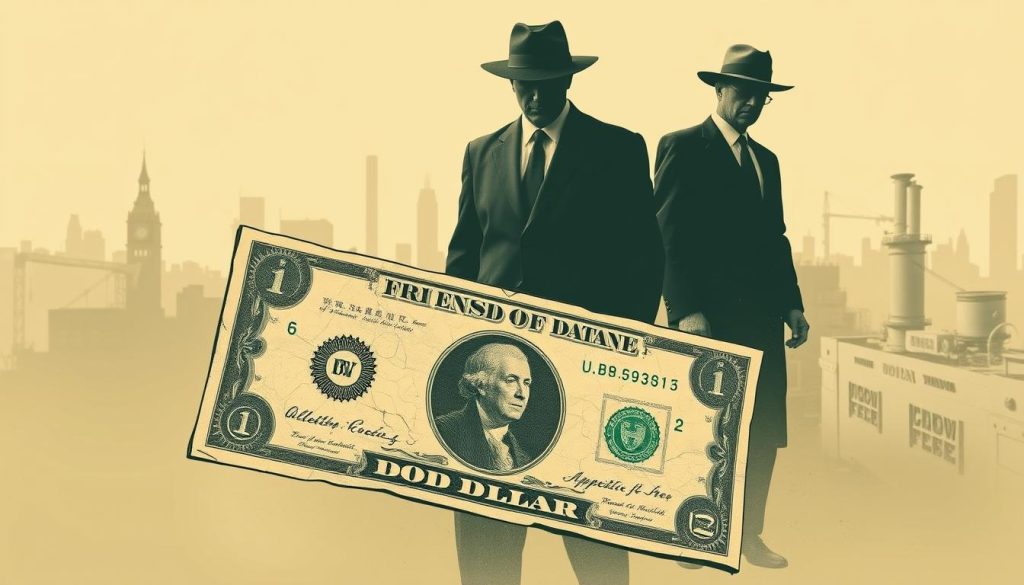A vintage, sepia-toned illustration depicting a critical economic analysis of the Greenback Dollar. In the foreground, a weathered, worn dollar bill floats against a somber, pensive backdrop. The bill's surface is etched with intricate patterns and symbols, hinting at the complex economic forces it represents. In the middle ground, shadowy figures in suits - representing financial institutions and policymakers - loom over the dollar, casting a foreboding presence. The background is a hazy, industrial cityscape, conveying a sense of the broader economic landscape. The overall mood is one of skepticism, unease, and a critical examination of the role of the Greenback Dollar in the nation's economic system. A vintage, sepia-toned illustration depicting a critical economic analysis of the Greenback Dollar. In the foreground, a weathered, worn dollar bill floats against a somber, pensive backdrop. The bill's surface is etched with intricate patterns and symbols, hinting at the complex economic forces it represents. In the middle ground, shadowy figures in suits - representing financial institutions and policymakers - loom over the dollar, casting a foreboding presence. The background is a hazy, industrial cityscape, conveying a sense of the broader economic landscape. The overall mood is one of skepticism, unease, and a critical examination of the role of the Greenback Dollar in the nation's economic system.