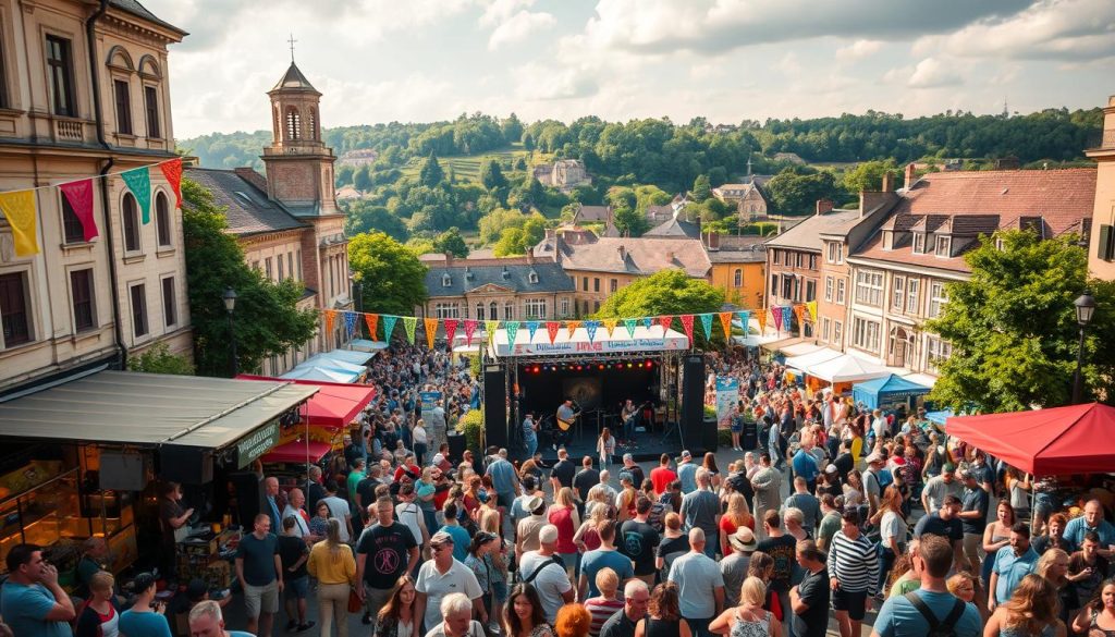 An outdoor music festival in a vibrant town square, with a crowd of people enjoying live performances on a large stage. In the foreground, food vendors and artisan stalls showcase the local culture and economy. In the middle ground, colorful banners and flags flutter, creating an energetic atmosphere. The background features historic buildings and lush greenery, highlighting the festival's integration with the town's heritage. Warm, golden lighting illuminates the scene, capturing the joy and community spirit of the event. A dynamic, high-angle camera angle emphasizes the scale and energy of the festival, showcasing its significant cultural and economic impact on the local area. An outdoor music festival in a vibrant town square, with a crowd of people enjoying live performances on a large stage. In the foreground, food vendors and artisan stalls showcase the local culture and economy. In the middle ground, colorful banners and flags flutter, creating an energetic atmosphere. The background features historic buildings and lush greenery, highlighting the festival's integration with the town's heritage. Warm, golden lighting illuminates the scene, capturing the joy and community spirit of the event. A dynamic, high-angle camera angle emphasizes the scale and energy of the festival, showcasing its significant cultural and economic impact on the local area.