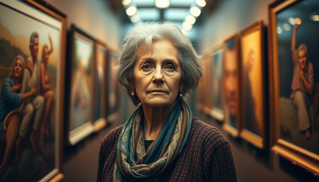 Marjorie Guthrie, a vibrant figure standing amidst a gallery of her late husband Woody's iconic artworks. A warm, soft-focus portrait captures her pensive gaze, reflecting the legacy she now carries. The background blurs into a dreamlike haze, suggesting the weight of memory and the passage of time. Muted earth tones and mellow lighting imbue the scene with a sense of quiet contemplation, as Marjorie's own artistic contributions come to the fore, honoring Woody's enduring impact while carving her own distinct path.