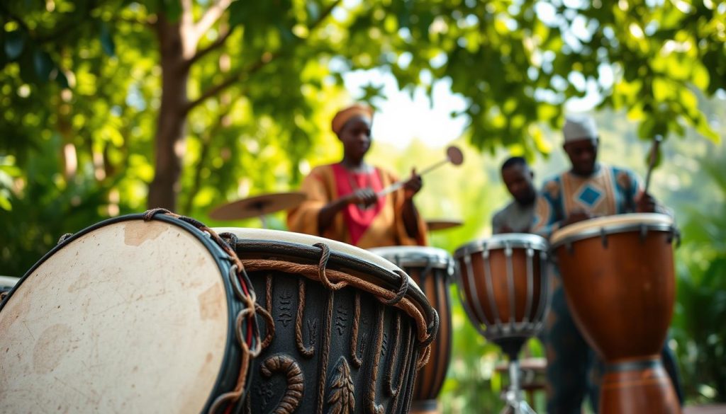 A beautifully crafted djembé drum set in the foreground, showcasing intricate carvings and vibrant colors that reflect West African culture. The drum's texture should be detailed, capturing the natural wood grain and the contrasting smooth skin of the drumhead. In the middle ground, a traditional African musician wearing modest clothing plays the djembé with passion, surrounded by an ensemble of other traditional instruments like the ngoni and balafon, creating a harmonious scene. The background should feature lush greenery typical of West African landscapes, with soft, dappled sunlight filtering through the leaves, casting a warm glow over the scene. The mood is celebratory and lively, evoking the rhythm and spirit of African music. The image conveys a rich cultural heritage, inviting viewers to appreciate the origins and significance of the djembé in its native context.