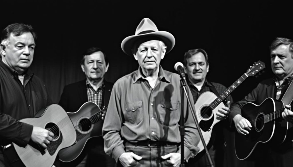 A black and white photograph of Woody Guthrie and the Almanac Singers, a legendary folk music group, standing together in a dimly lit studio. Guthrie, wearing his iconic worn hat and shirt, stands in the center, flanked by his fellow Almanac Singers, their instruments and microphones visible. The group exudes a sense of camaraderie and a shared passion for their music, their expressions serious yet determined. The image captures the essence of their influential collaboration, a pivotal moment in the history of American folk music. The scene is illuminated by soft, natural lighting, casting subtle shadows and highlighting the texture of their clothing and instruments. The background is slightly blurred, keeping the focus on the musicians and their timeless performance.