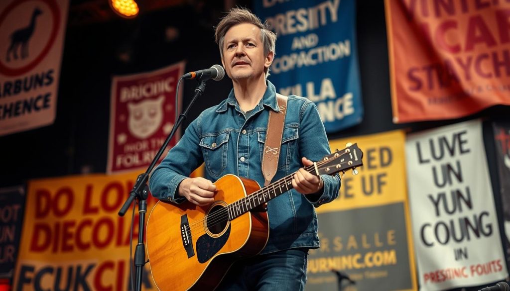 A portrait of Billy Bragg, the British singer-songwriter and political activist, standing on a stage with a vintage-style microphone. He is dressed in a denim jacket and jeans, his hands holding an acoustic guitar. Behind him, a backdrop of protest banners and slogans, conveying the socially conscious nature of his music. Soft, warm lighting illuminates his earnest expression, capturing his passion for "music with a social conscience." The composition evokes a sense of rebellion and activism, reflecting Bragg's role as a modern revivalist of Woody Guthrie's legacy of protest folk music. A portrait of Billy Bragg, the British singer-songwriter and political activist, standing on a stage with a vintage-style microphone. He is dressed in a denim jacket and jeans, his hands holding an acoustic guitar. Behind him, a backdrop of protest banners and slogans, conveying the socially conscious nature of his music. Soft, warm lighting illuminates his earnest expression, capturing his passion for "music with a social conscience." The composition evokes a sense of rebellion and activism, reflecting Bragg's role as a modern revivalist of Woody Guthrie's legacy of protest folk music.