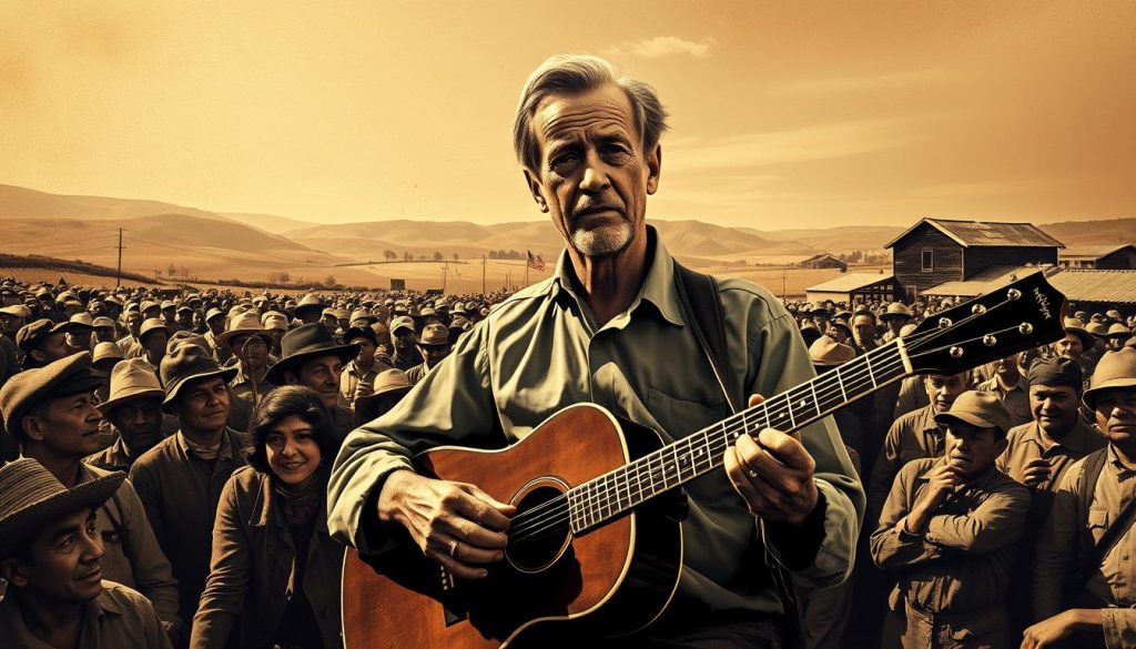 A sepia-toned scene depicting Woody Guthrie, the iconic folk singer, strumming his guitar amidst a backdrop of workers, farmers, and activists. In the foreground, Guthrie's weathered face reflects the struggles of the common people, his lyrics capturing the social themes of inequality, labor rights, and the plight of the downtrodden. The middle ground features a crowd of diverse individuals, their expressions mirroring the emotions evoked by Guthrie's powerful ballads. In the background, a tapestry of Americana unfolds, with rolling hills, rustic buildings, and a sense of collective resilience. The lighting is warm and nostalgic, evoking the timeless quality of Guthrie's music and its enduring impact on the social consciousness of generations.