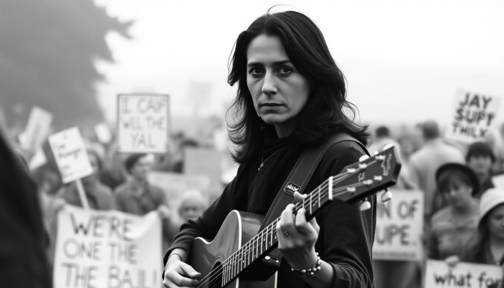 A serene, black-and-white portrait of Joan Baez, her soulful gaze piercing the viewer as she stands resolute, guitar in hand, against a backdrop of peaceful protest. Soft, diffused lighting casts a contemplative, almost spiritual ambiance, accentuating the singer's poise and unwavering determination. The middle ground features a crowd of marchers, their signs and banners conveying messages of hope and justice, while the distant background blurs into a hazy, atmospheric landscape, creating a sense of timelessness and the enduring legacy of Baez's activism through music. A serene, black-and-white portrait of Joan Baez, her soulful gaze piercing the viewer as she stands resolute, guitar in hand, against a backdrop of peaceful protest. Soft, diffused lighting casts a contemplative, almost spiritual ambiance, accentuating the singer's poise and unwavering determination. The middle ground features a crowd of marchers, their signs and banners conveying messages of hope and justice, while the distant background blurs into a hazy, atmospheric landscape, creating a sense of timelessness and the enduring legacy of Baez's activism through music.